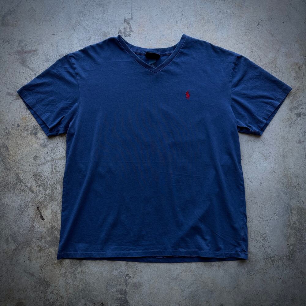 Vintage 2000s Polo Ralph Lauren Navy V-Neck Tee Single Stitch L